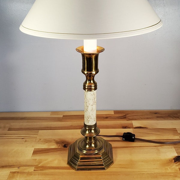 Vintage Solid Brass & Stone Desk Lamp Only, Candlestick Lamp, Colonial Style, Double Light, Table Lamp, Office Decor