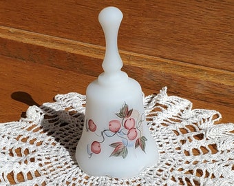 Vintage Fenton Hand Painted Bell . Round 4" Satin White . Berries and Leaves . Artist Signed F. Miller . 1980's . Gift for her