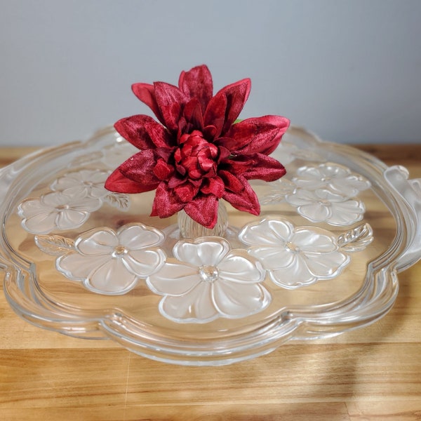 Vintage Floral Crystal Pedestal Cake Stand, Mikasa Rosella Crystal, Floral Cake Stand, Clear & White Frosted Flowers, Gift for her