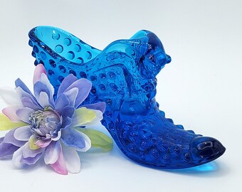 Vintage FENTON BLUE Hobnail Glass Shoe With Cats Head