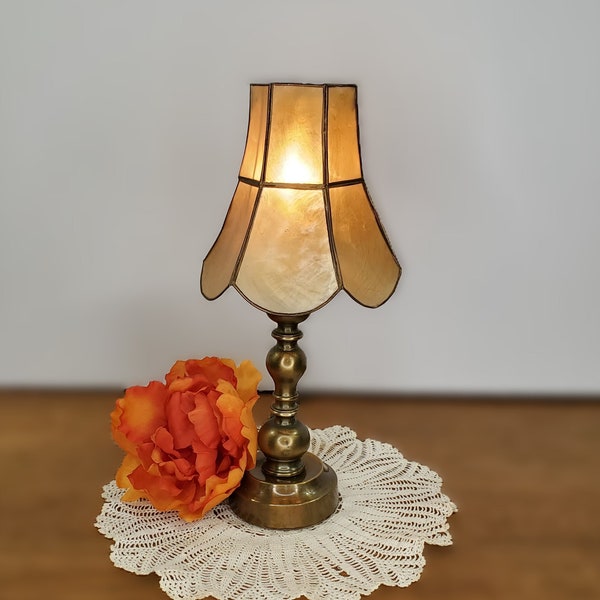 Rare Antique Brass Lamp with Capiz Shell Shade #2, Metal Accent Lamp, Traditional Lamp, Small Table Lamp, Solid Brass,  Vintage