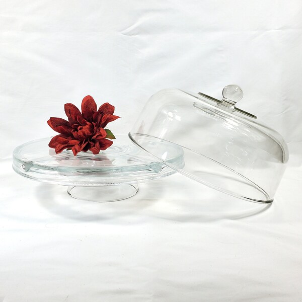 Heavy Vintage Clear Glass Pedestal Cake Stand with Glass Dome, Large Serving Bowl for Buffet, Punch Bowl, Gift for her