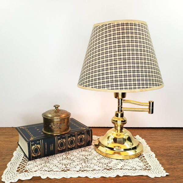 Vintage American Traditional Colonial Swing Arm Brass Lamp with Tan & Navy Plaid Shade, Lamp Desk, Brass Adj Lamp, Accent Lamp, 3 Way Switch