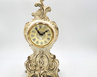 1940&#39;s Cream French Country Mantel Clock, United Clock Corp, Cast Metal, Gold Accents, Glass Face, Brooklyn NY, Model 82, Tested, Works