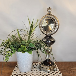 Vintage Ornate Pedestal Mantel Clock: Burnished Gold, Silver & Black, New Quartz Insert