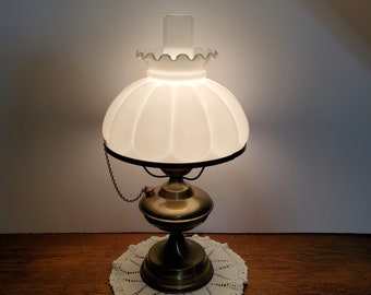 Vintage 20" Antique Brass Hurricane Table Lamp w/ Milk Glass Opal Mellon Shade, 3-Way Switch, Country Decor