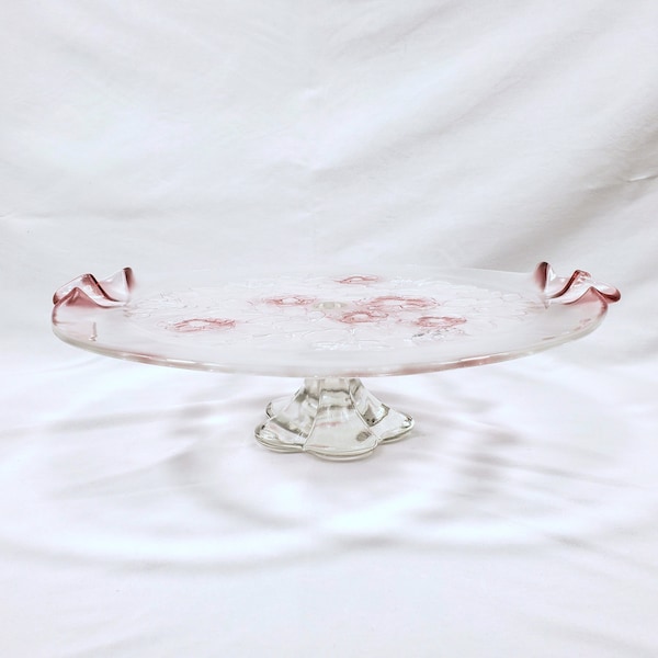 Vintage 14" Crystal Pedestal Cake Stand, Mikasa Crystal, Pattern Rosella, Clear Pink & Frosted White Flowers and Leaves, Wedding Decor