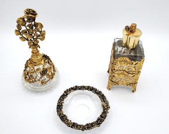 Vintage Hollywood Regency Vanity Glass &Gold Metal Trinket Dish, Plato de tocador, Plato de anillo, Accesorio de tocador, década de 1950
