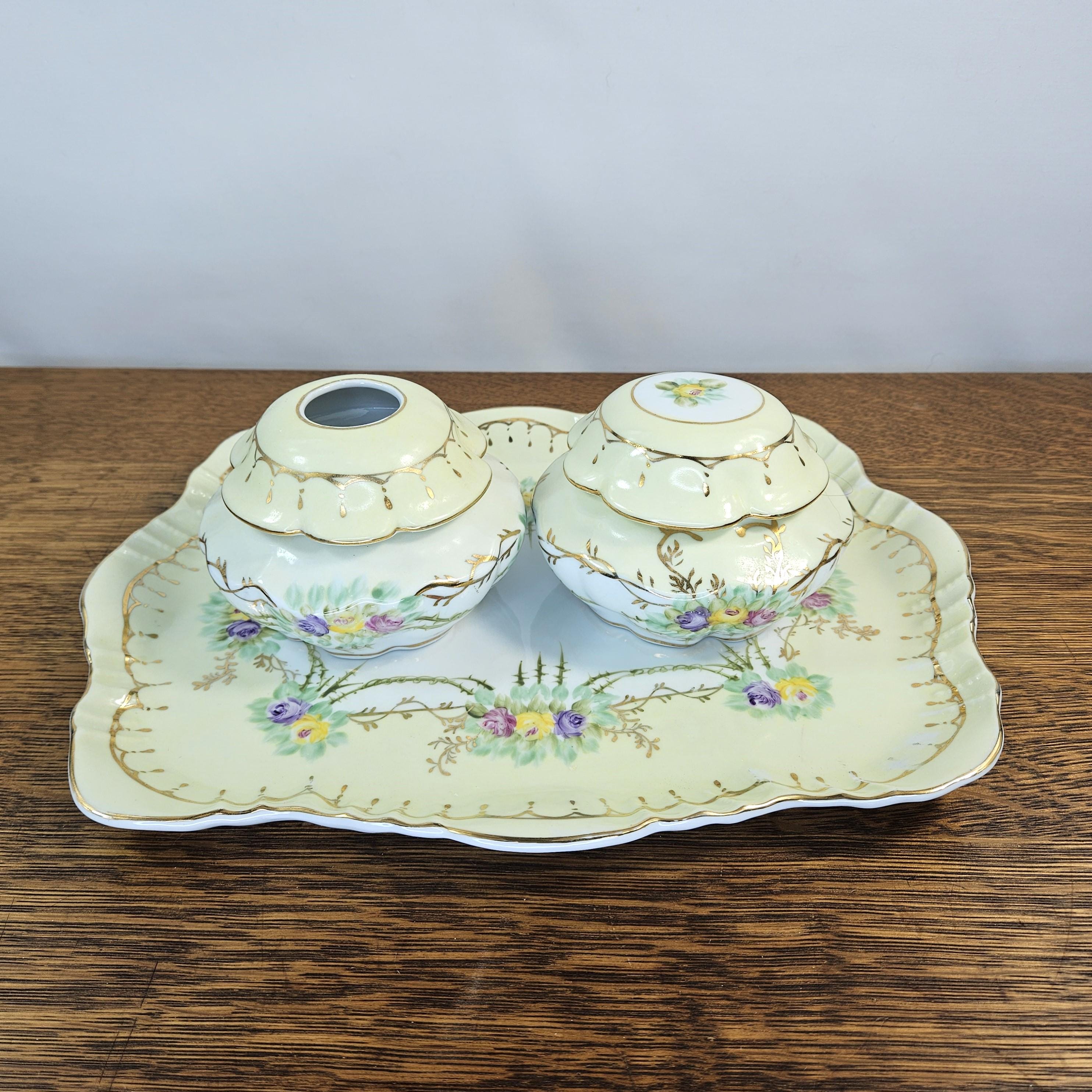 Vintage Hand Painted Limoges China 3 Piece Vanity Set, Fleur