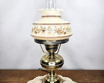Pretty Vintage 17&quot; Hand Painted Brass GWTW Table Lamp, Floral Accent Lamp, 3 Way Switch, Desk Lamp, Hurricane Lamp, Works, Gift for her