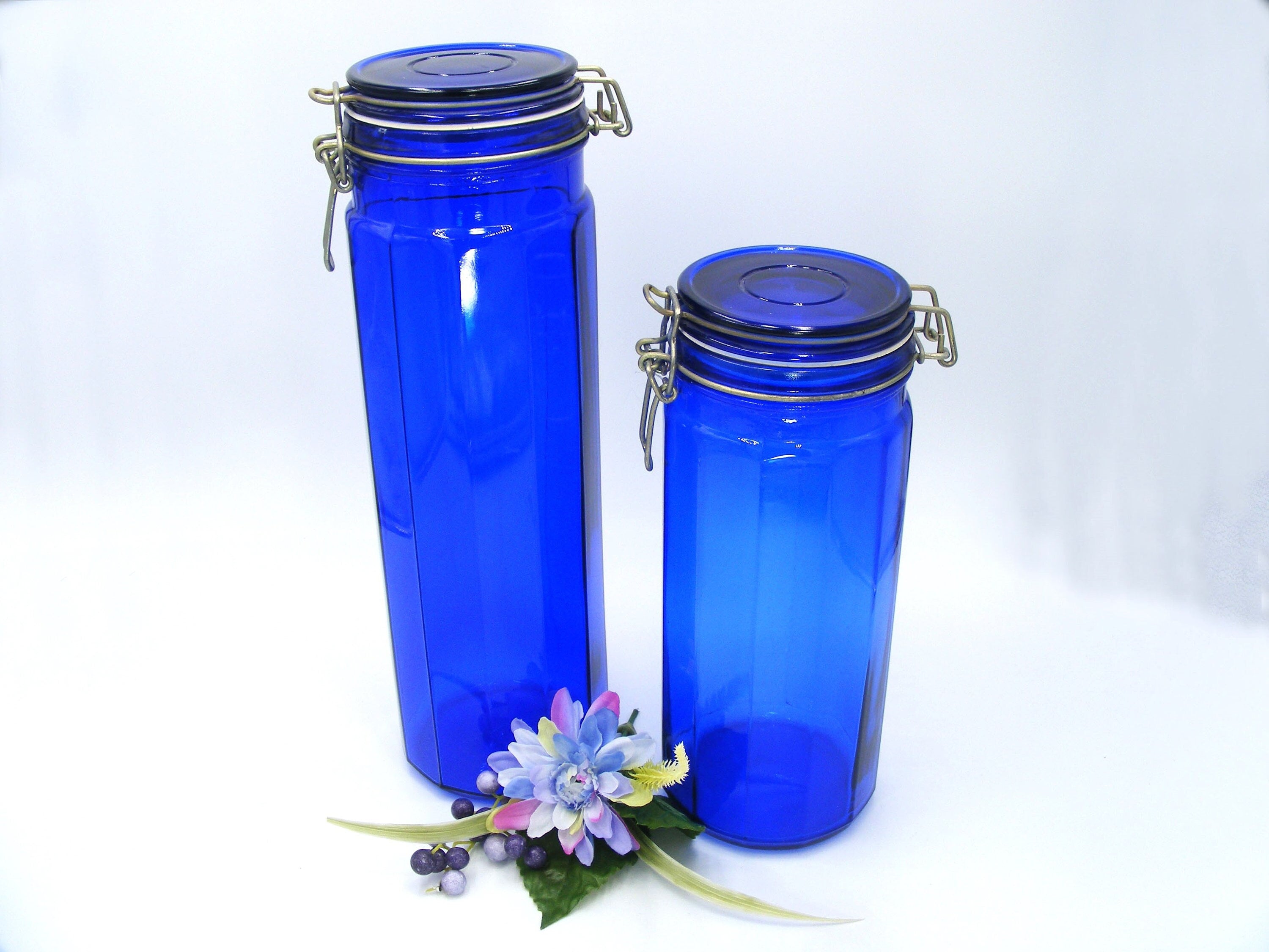 2 COBALT BLUE GLASS LARGE 12-SIDED MASON CLASP STORAGE JARS PANELED STORAGE