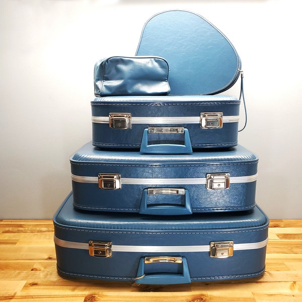 Retro Hard Shell Blue & Chrome Nesting Suitcase Set . 4 Piece Set . Vintage Luggage .  Vintage Travel Set . 1970's