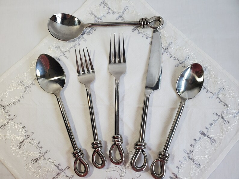Beautiful Vintage Handcrafted Rope Handle Silverware, 39 Piece Set, Thai Asian Design, Flatware, Made in Bangkok, Dining, shops Serving