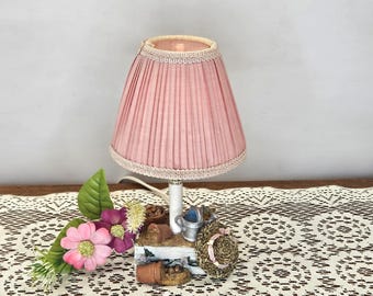 Vintage Flower Crate Accent Lamp with Pink Pleated Shade