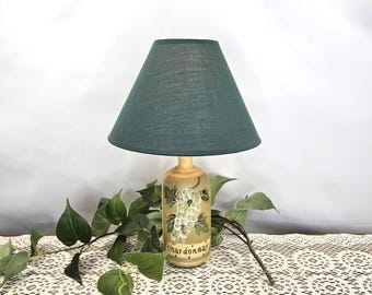 Vintage Hand-Painted Ceramic Wine Bottle Table Lamp with Dark Green Shade