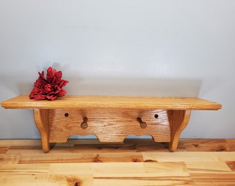Vintage 24&quot; Handmade Solid Oak Shelf with Pegs, Wall Shelf, Wood Wall Shelf, Plate Groove, Country Decor, Lodge Decor