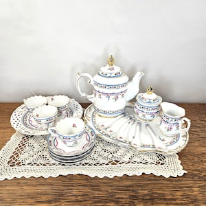 Vintage Porcelain Miniature Tea Set: 18 Pieces, Floral Garland, Gold Banding, French-Inspired Design