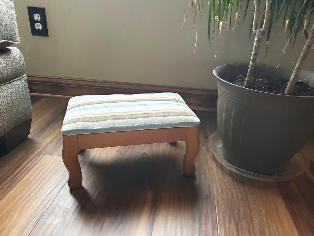 Vintage Solid Wood Upholstered Ottoman Footstool . Stripe Upholstery ...