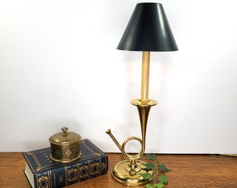 Vintage Bombay Company Solid Brass Trumpet Horn Lamp with Black Metal Shade, Heavy Brass Lamp, Office Decor, Desk Lamp, Gift for Him