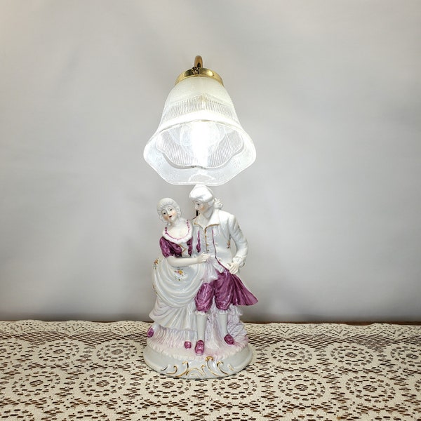 Beautiful Porcelain & Brass Gooseneck Lamp, Victorian Couple Figurines Dresser Lamp, White Pink Yellow Blue, Embossed Glass Shade