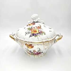 1927 H & C Schlaggenwald Porcelain Tureen Bowl, Large Covered Bowl, Czechoslovakia Floral Motif, Czech Porcelain, 24K Gold Trim, Haas Czjzek