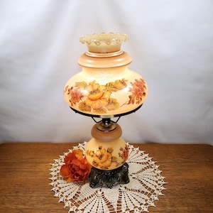 Vintage Accurate Casting Hand Painted Floral GWTW Table Lamp, Hurricane Lamp, Parlor Lamp, Orange & Rust Flowers, 3 Way Switch, Works