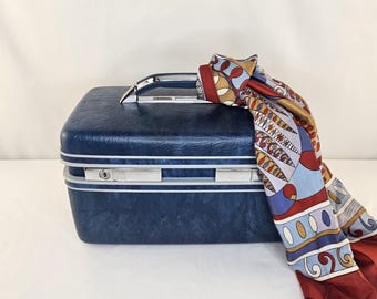 Vintage Marbled Blue & Chrome Train Case, Samsonite,  Reprinted Vtg Paris Postcards