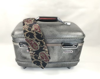 Vintage Metallic Gray American Tourister Hard Shell Train Case, Carry-on, Makeup Case, Cosmetic Case, Marbled Charcoal Gray, Gift for her