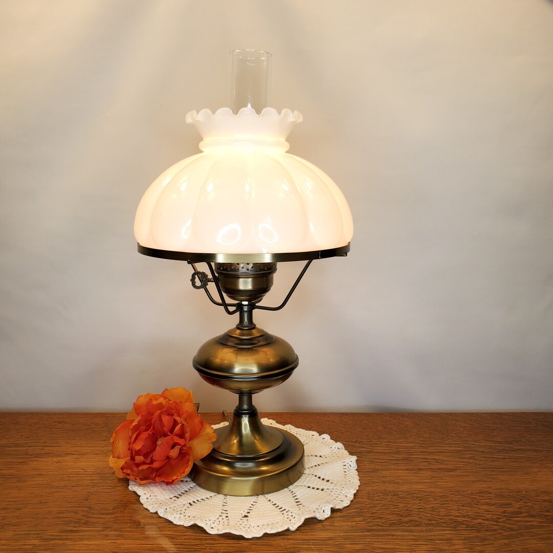 Vintage 20 Antique Brass Hurricane Table Lamp W/ Milk Glass Opal Mellon ...