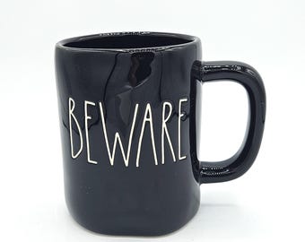 Vintage Rae Dunn Beware Mug: Black Ceramic Halloween Decor