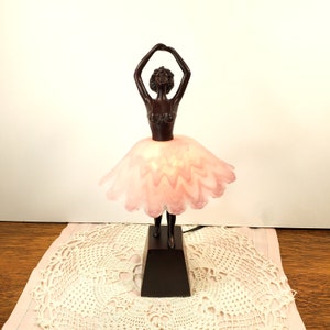 Vintage Art Deco Style 16" Ballerina Sculpture Lamp, Embossed Pink Floral Glass Skirt, Bronze Finish, Girl Bedroom, Nightstand Light