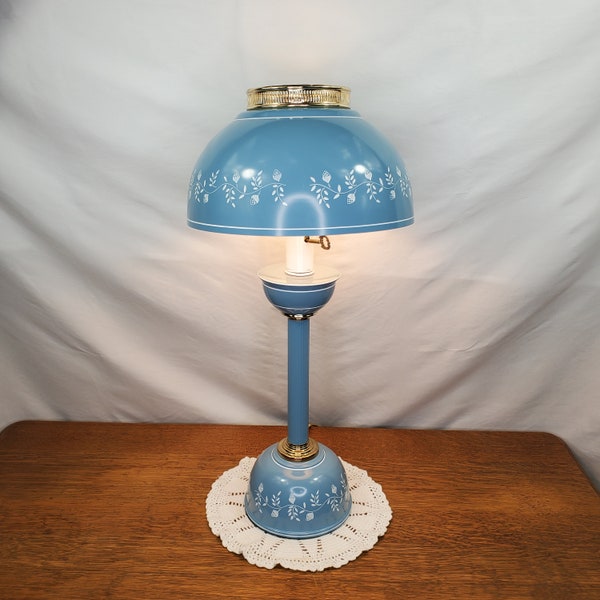 Pretty Vintage 24" Turquoise Tole Table Lamp with White Acorn Accents, Brass Accents, Painted Metal Lamp, 3-Way Switch, Toleware Lamp