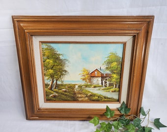 Original Vintage Oil Painting On Canvas By World Renowned Artist &quot;Brian Roche&quot;, Old Water Wheel Mill Scene, 13 x 15, Solid Wood Frame