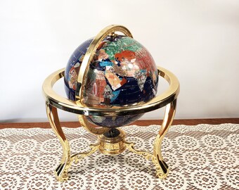 Vintage Large Mineral Gemstone Globe in Brass Gimbal Cradle, Blue Lapis Water & Semi-Precious Stones, Compass in Base, 1970's or 1980's