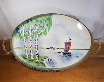 Vintage Oriental Pewter Serving Tray w/Hand Painted Porcelain Inset, Oval Serving Tray w/Handles, Bavarian Tray,  Echt Keramik Grunstadt