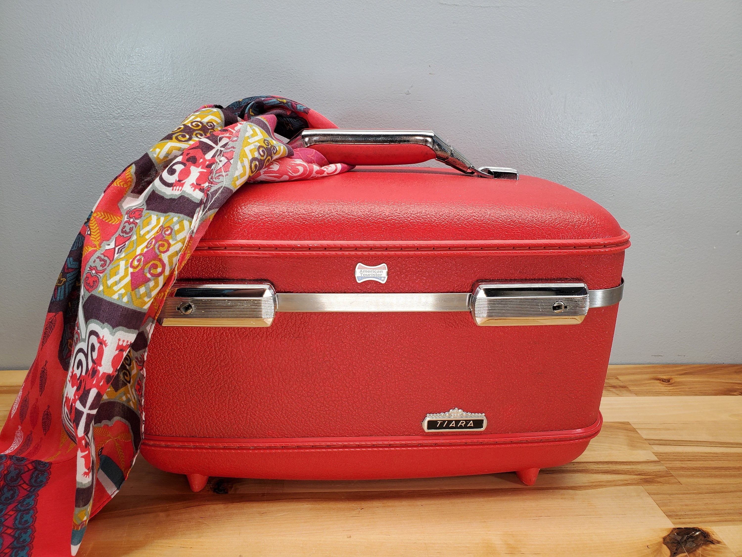 Vintage MINT Ruby Red Chrome American Tourister Tiara Train Case
