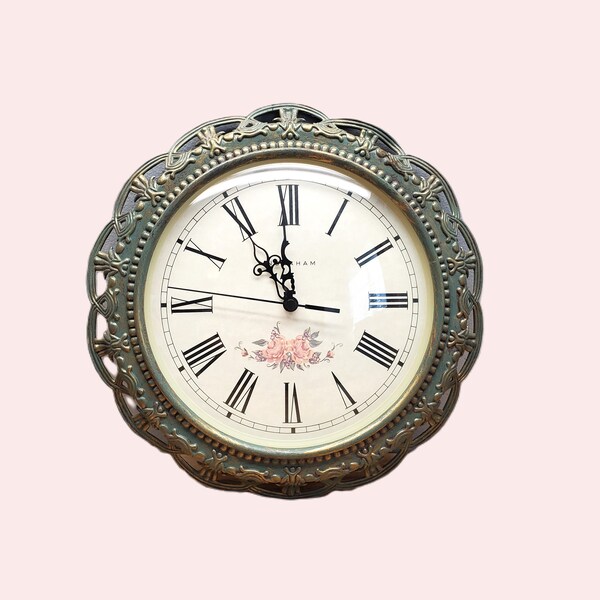 Vintage Ingraham Sage Green & Gold Filigree Metal Wall Clock, Floral Face Print, Roman Numerals, Quartz Clock, 11" Diam, Accent Clock