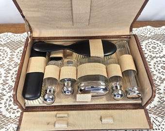 Antique Men's Cut Glass Travel Toiletry Set In original case - 8 piece set
