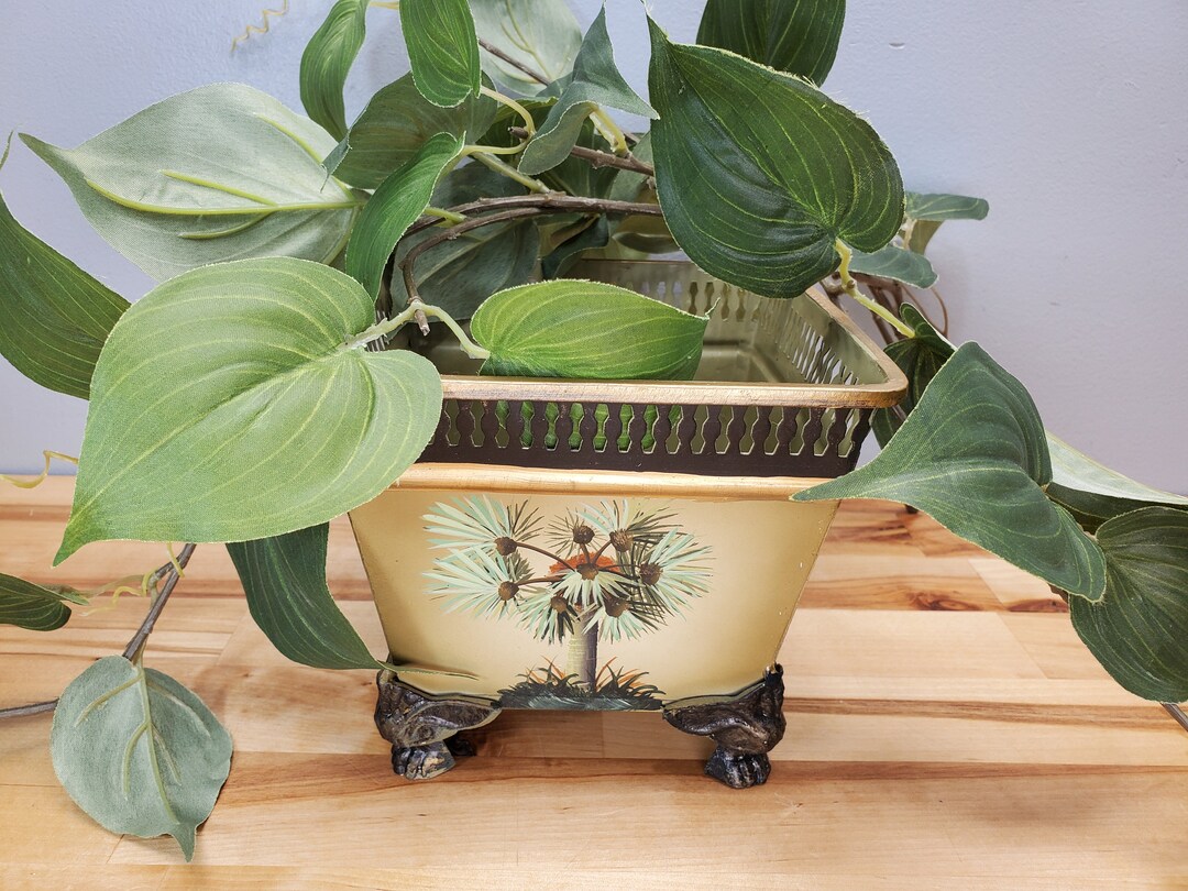 Hand-Painted Metal Vintage Reproduction Toleware Poinsettia in Pot with Taper Holder main image 0