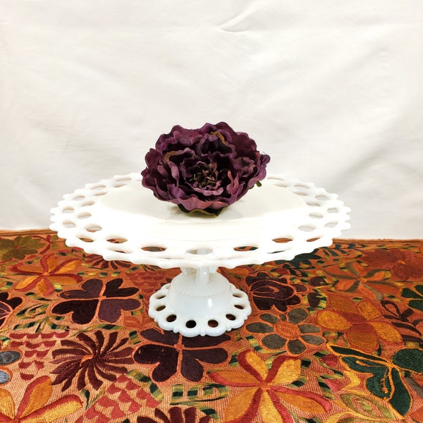 Vintage White Milk Glass Open Lace Edge Pedestal Cake Stand, Westmoreland Pattern Doric, 1950's