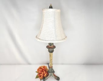 Vintage Faux Pottery Candlestick Lamp, Cream Fabric Shade, 28"