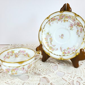 Antique Elegant Soup Bowl Set of 5, Schleiger Haviland Limoges France, Flat Cream Soup Bowl & Saucer Set, Pink Yellow Flowers, 1800&#39;s
