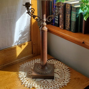 Vintage Double Candlestick Table Lamp Only . Bronze Color Metal . Ribbed Double Candlestick Lamp . 30&quot; high