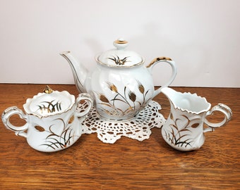 Gorgeous Vintage Lefton China Gold Wheat 4 pc Tea Set . Teapot with Lid . Sugar Bowl with Lid . Creamer . 22K Gold Details . Gift for her