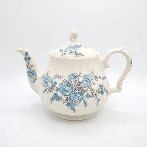 Pretty Floral Ceramic Teapot by Sadler, Springtime by Sadler, Blue Flowers w/Gray Outline, Made in England, Vintage Teapot, Gift for her