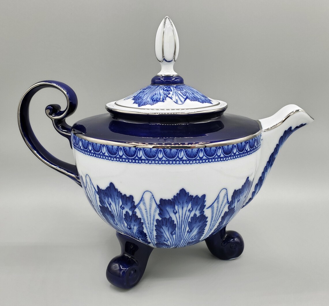 Bombay Company Blue and White Large Footed Teapot With Lid Etsy