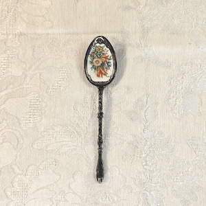 Vintage Floral Silver Plated Holland Spoon, Enamel Floral Decoration, Deer Feet Handle,  Mark is 90, Souvenir Spoon, IOB
