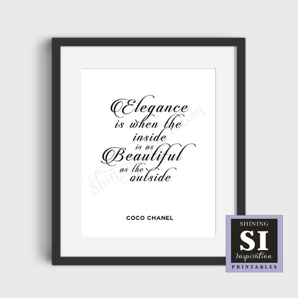 Coco Chanel Printable Quote, Elegance is when the Inside is as Beautiful as the Outside Quote, Bedroom Printable, Bedroom Quote, Chanel