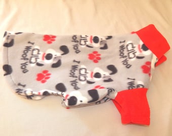 READY TO SHIP I Woof You Fleece Dog Coat Warm Pets Snood Neck Pattern Dog Sweater Schnauzer miniature Doberman New Pit Bull Foot Prints Red