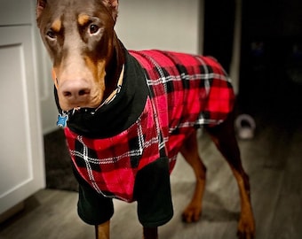 Dark Red & Black Plaid Eddie Bauer Soft Fleece Dog Coat Doberman Pet Clothes Sweater Pit Bull Pajamas